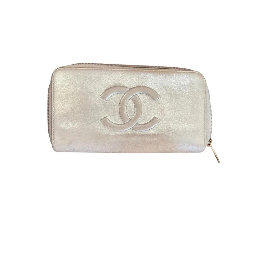 Chanel Timeless CC Zip Around Long Wallet Metallic Champagne Gold Leather Italy